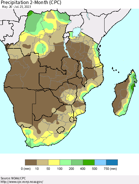 Southern Africa Precipitation 2-Month (CPC) Thematic Map For 5/26/2023 - 7/25/2023