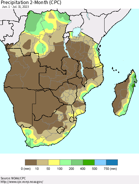 Southern Africa Precipitation 2-Month (CPC) Thematic Map For 6/1/2023 - 7/31/2023