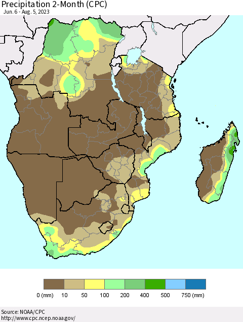 Southern Africa Precipitation 2-Month (CPC) Thematic Map For 6/6/2023 - 8/5/2023