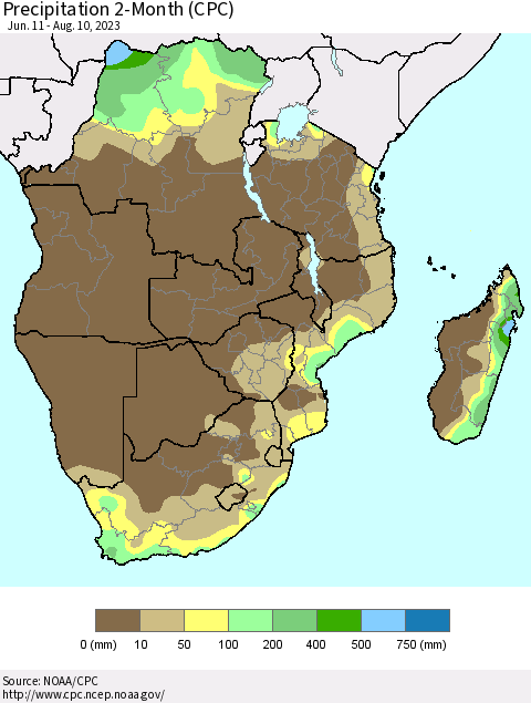 Southern Africa Precipitation 2-Month (CPC) Thematic Map For 6/11/2023 - 8/10/2023