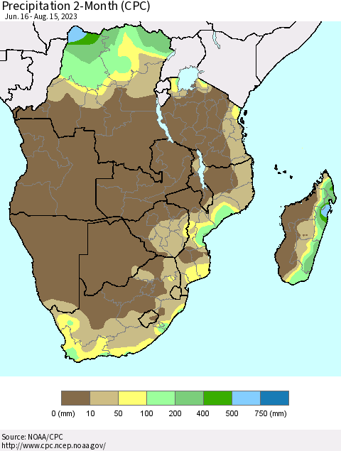 Southern Africa Precipitation 2-Month (CPC) Thematic Map For 6/16/2023 - 8/15/2023