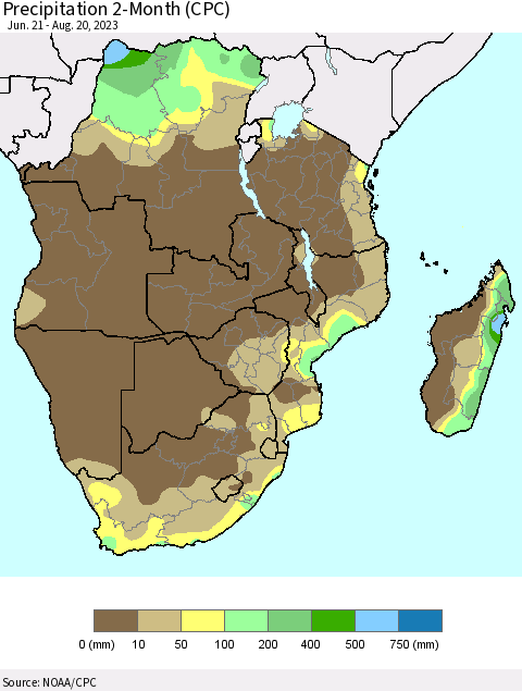 Southern Africa Precipitation 2-Month (CPC) Thematic Map For 6/21/2023 - 8/20/2023