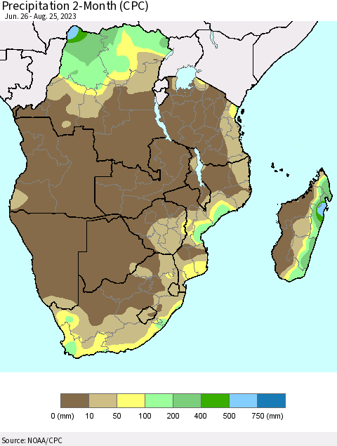 Southern Africa Precipitation 2-Month (CPC) Thematic Map For 6/26/2023 - 8/25/2023