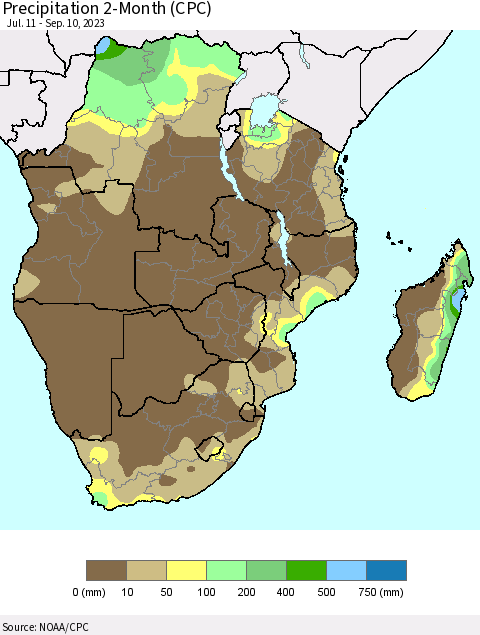 Southern Africa Precipitation 2-Month (CPC) Thematic Map For 7/11/2023 - 9/10/2023