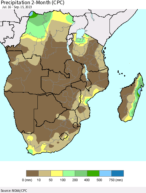 Southern Africa Precipitation 2-Month (CPC) Thematic Map For 7/16/2023 - 9/15/2023