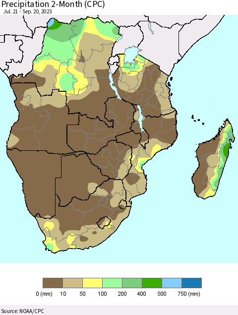 Southern Africa Precipitation 2-Month (CPC) Thematic Map For 7/21/2023 - 9/20/2023