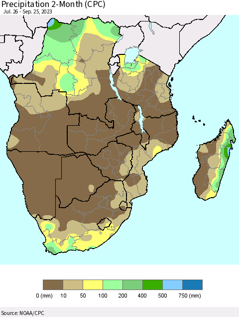 Southern Africa Precipitation 2-Month (CPC) Thematic Map For 7/26/2023 - 9/25/2023
