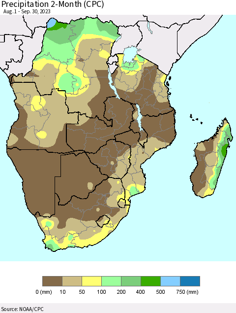 Southern Africa Precipitation 2-Month (CPC) Thematic Map For 8/1/2023 - 9/30/2023