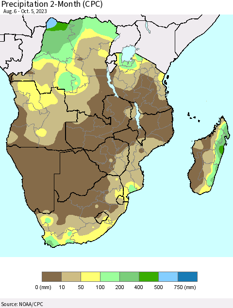 Southern Africa Precipitation 2-Month (CPC) Thematic Map For 8/6/2023 - 10/5/2023