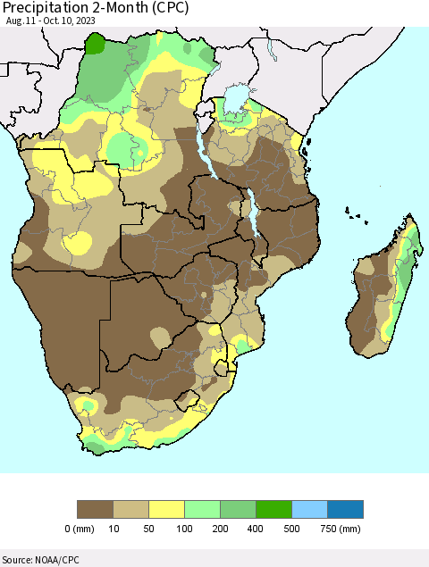 Southern Africa Precipitation 2-Month (CPC) Thematic Map For 8/11/2023 - 10/10/2023