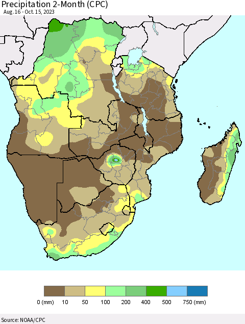 Southern Africa Precipitation 2-Month (CPC) Thematic Map For 8/16/2023 - 10/15/2023