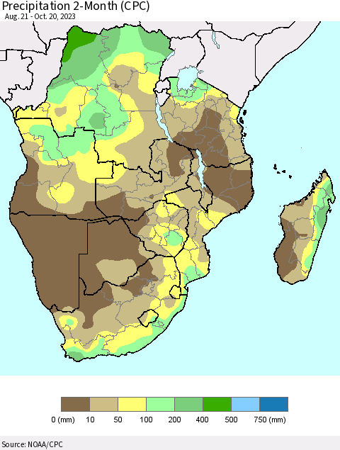 Southern Africa Precipitation 2-Month (CPC) Thematic Map For 8/21/2023 - 10/20/2023