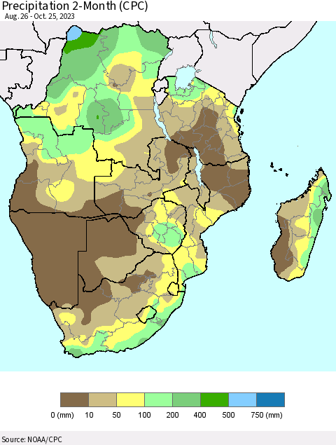 Southern Africa Precipitation 2-Month (CPC) Thematic Map For 8/26/2023 - 10/25/2023