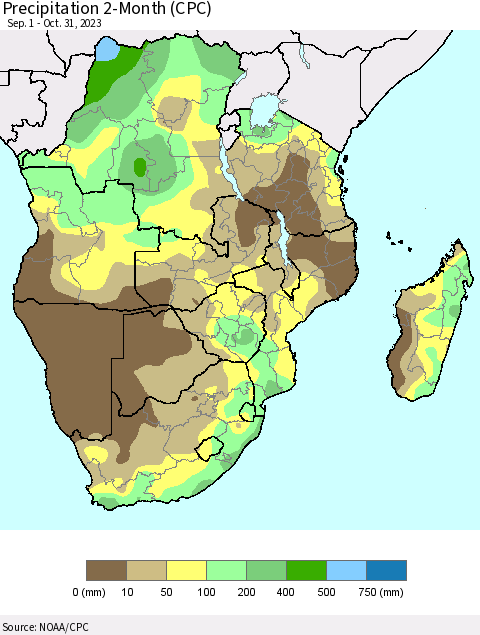 Southern Africa Precipitation 2-Month (CPC) Thematic Map For 9/1/2023 - 10/31/2023