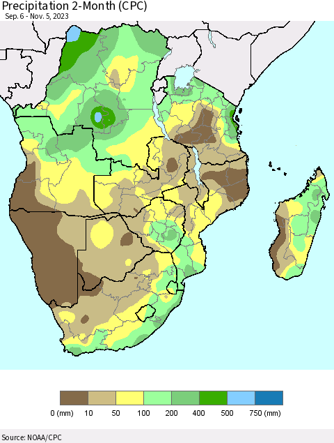 Southern Africa Precipitation 2-Month (CPC) Thematic Map For 9/6/2023 - 11/5/2023