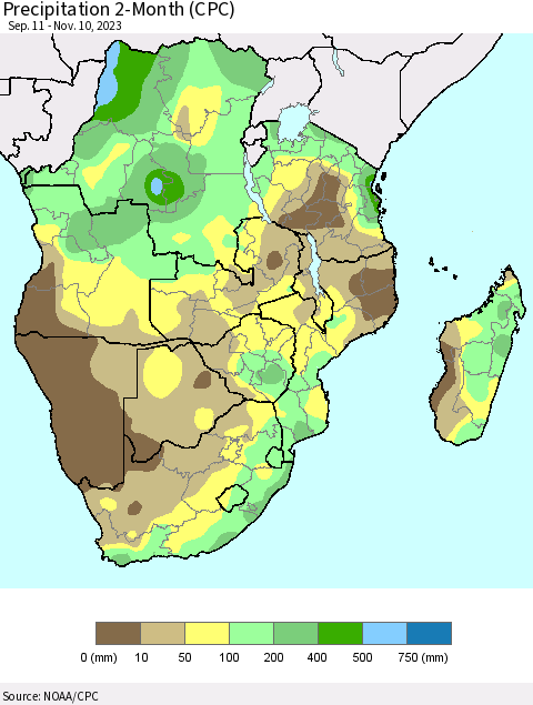 Southern Africa Precipitation 2-Month (CPC) Thematic Map For 9/11/2023 - 11/10/2023