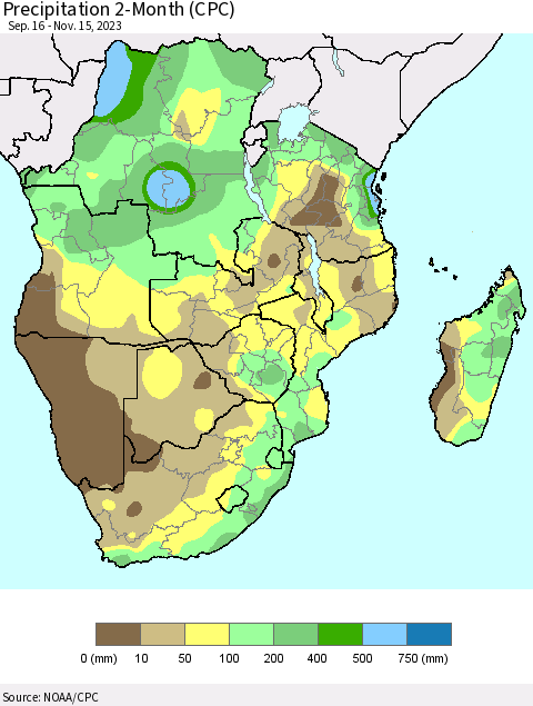 Southern Africa Precipitation 2-Month (CPC) Thematic Map For 9/16/2023 - 11/15/2023