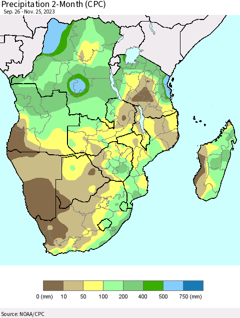 Southern Africa Precipitation 2-Month (CPC) Thematic Map For 9/26/2023 - 11/25/2023