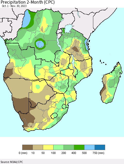 Southern Africa Precipitation 2-Month (CPC) Thematic Map For 10/1/2023 - 11/30/2023