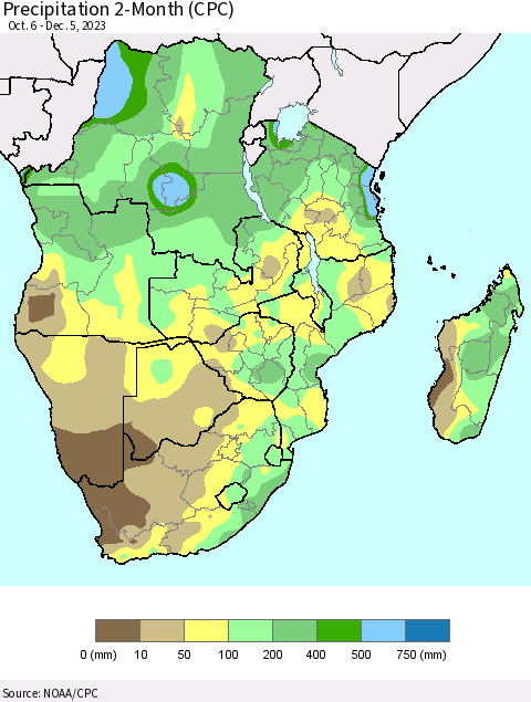 Southern Africa Precipitation 2-Month (CPC) Thematic Map For 10/6/2023 - 12/5/2023