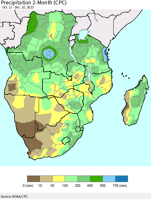 Southern Africa Precipitation 2-Month (CPC) Thematic Map For 10/11/2023 - 12/10/2023