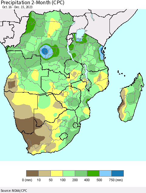 Southern Africa Precipitation 2-Month (CPC) Thematic Map For 10/16/2023 - 12/15/2023