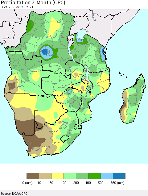 Southern Africa Precipitation 2-Month (CPC) Thematic Map For 10/21/2023 - 12/20/2023