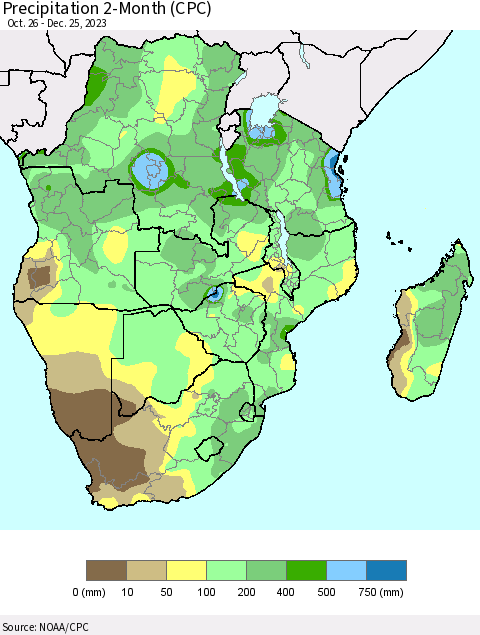 Southern Africa Precipitation 2-Month (CPC) Thematic Map For 10/26/2023 - 12/25/2023
