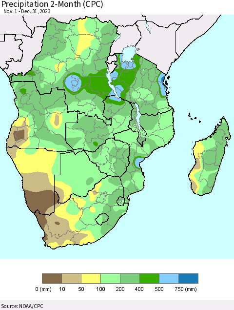 Southern Africa Precipitation 2-Month (CPC) Thematic Map For 11/1/2023 - 12/31/2023