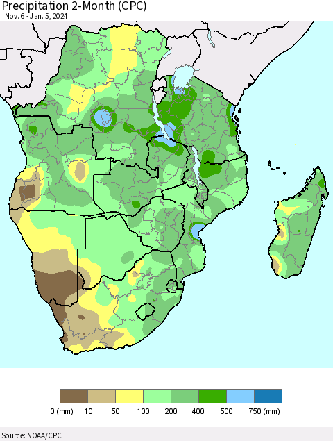 Southern Africa Precipitation 2-Month (CPC) Thematic Map For 11/6/2023 - 1/5/2024
