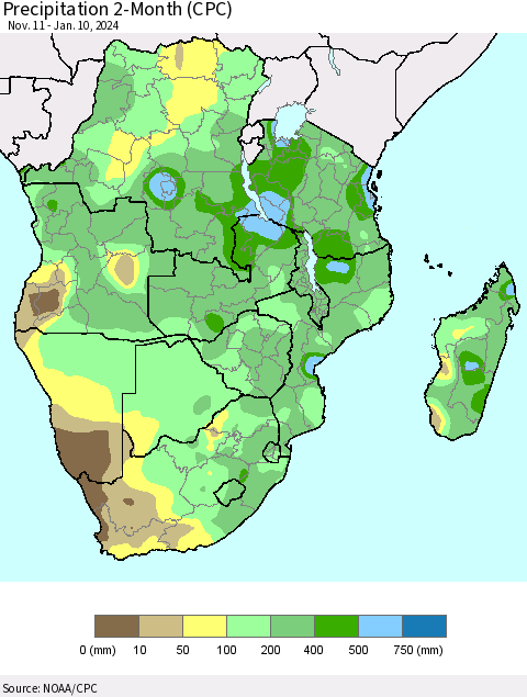 Southern Africa Precipitation 2-Month (CPC) Thematic Map For 11/11/2023 - 1/10/2024