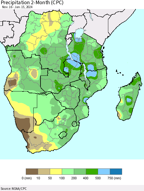 Southern Africa Precipitation 2-Month (CPC) Thematic Map For 11/16/2023 - 1/15/2024