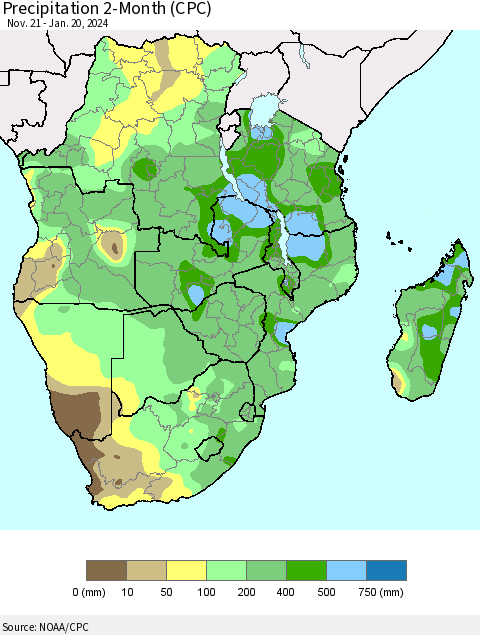 Southern Africa Precipitation 2-Month (CPC) Thematic Map For 11/21/2023 - 1/20/2024