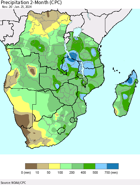 Southern Africa Precipitation 2-Month (CPC) Thematic Map For 11/26/2023 - 1/25/2024