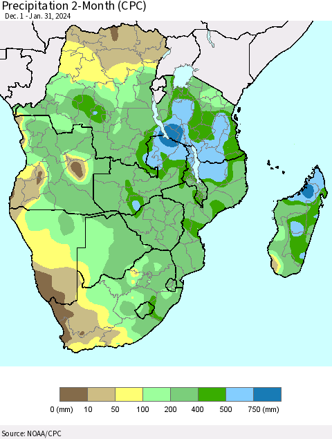 Southern Africa Precipitation 2-Month (CPC) Thematic Map For 12/1/2023 - 1/31/2024