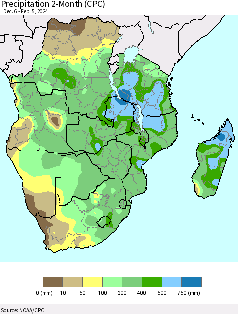 Southern Africa Precipitation 2-Month (CPC) Thematic Map For 12/6/2023 - 2/5/2024