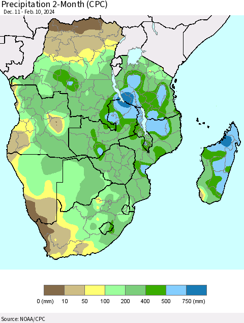 Southern Africa Precipitation 2-Month (CPC) Thematic Map For 12/11/2023 - 2/10/2024