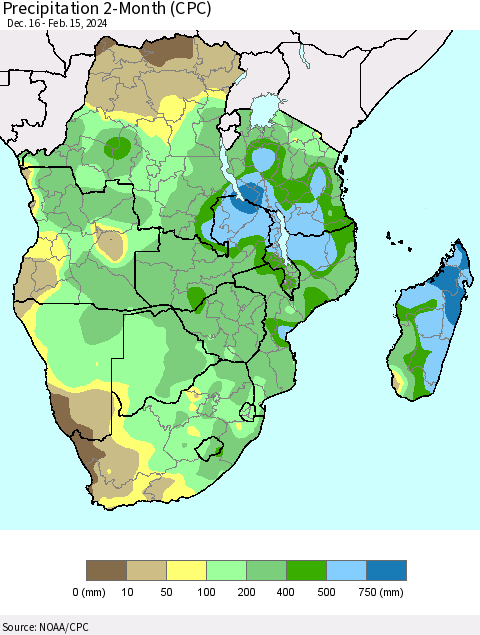 Southern Africa Precipitation 2-Month (CPC) Thematic Map For 12/16/2023 - 2/15/2024