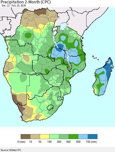 Southern Africa Precipitation 2-Month (CPC) Thematic Map For 12/21/2023 - 2/20/2024