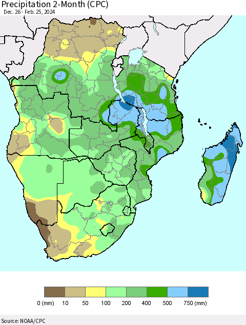 Southern Africa Precipitation 2-Month (CPC) Thematic Map For 12/26/2023 - 2/25/2024