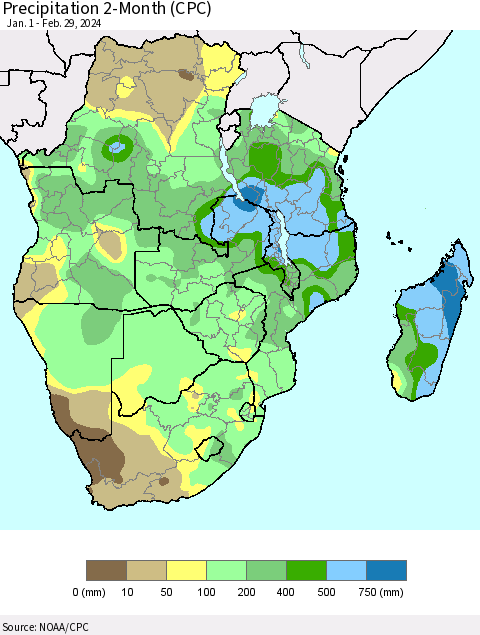 Southern Africa Precipitation 2-Month (CPC) Thematic Map For 1/1/2024 - 2/29/2024