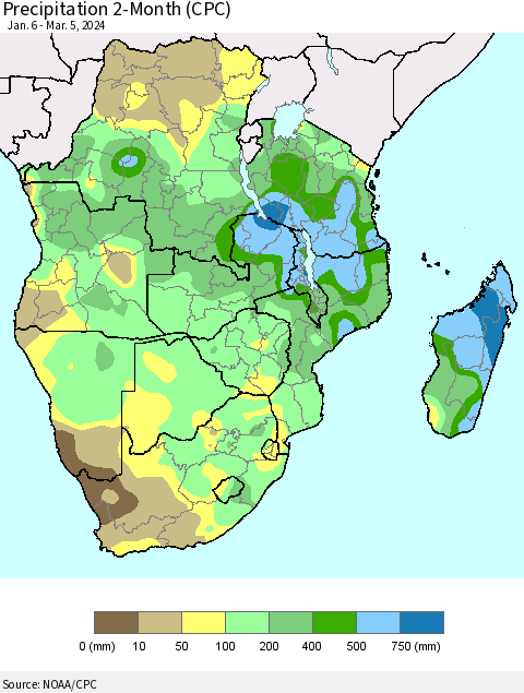 Southern Africa Precipitation 2-Month (CPC) Thematic Map For 1/6/2024 - 3/5/2024