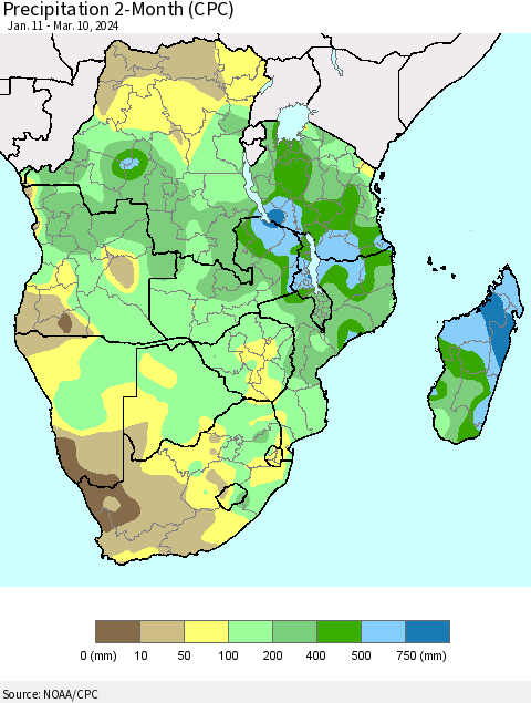 Southern Africa Precipitation 2-Month (CPC) Thematic Map For 1/11/2024 - 3/10/2024