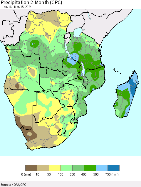 Southern Africa Precipitation 2-Month (CPC) Thematic Map For 1/16/2024 - 3/15/2024