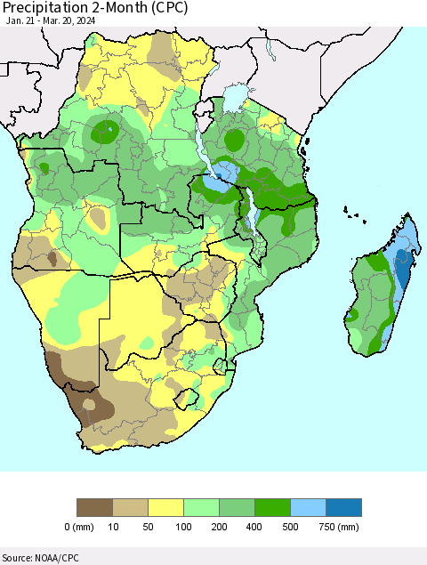 Southern Africa Precipitation 2-Month (CPC) Thematic Map For 1/21/2024 - 3/20/2024
