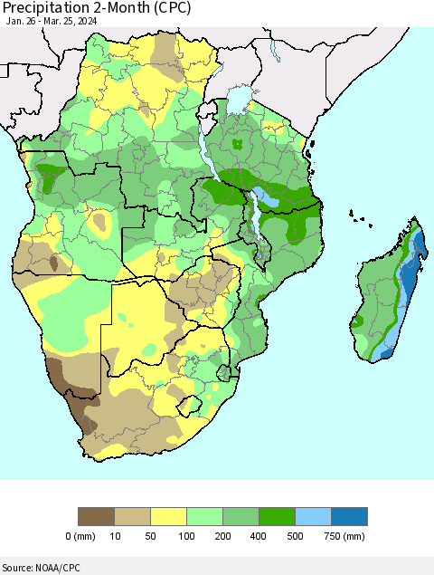 Southern Africa Precipitation 2-Month (CPC) Thematic Map For 1/26/2024 - 3/25/2024