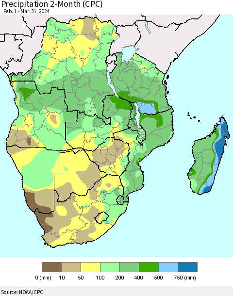 Southern Africa Precipitation 2-Month (CPC) Thematic Map For 2/1/2024 - 3/31/2024