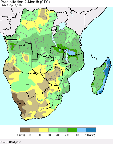 Southern Africa Precipitation 2-Month (CPC) Thematic Map For 2/6/2024 - 4/5/2024