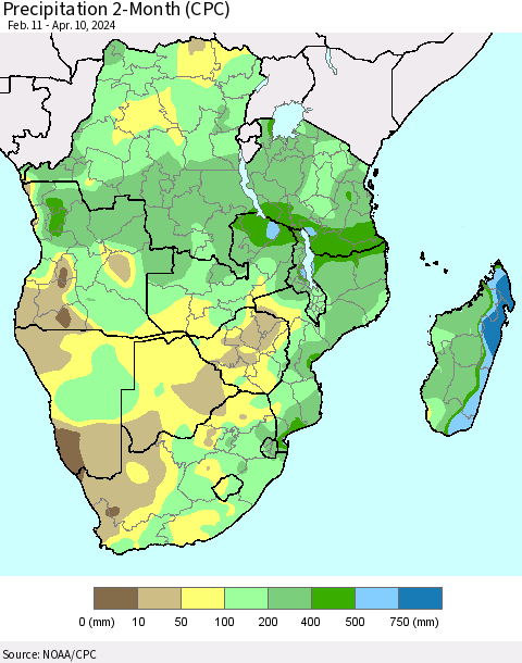 Southern Africa Precipitation 2-Month (CPC) Thematic Map For 2/11/2024 - 4/10/2024