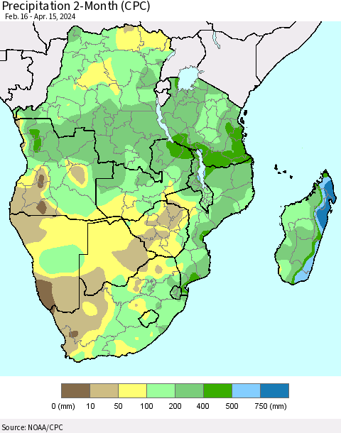 Southern Africa Precipitation 2-Month (CPC) Thematic Map For 2/16/2024 - 4/15/2024